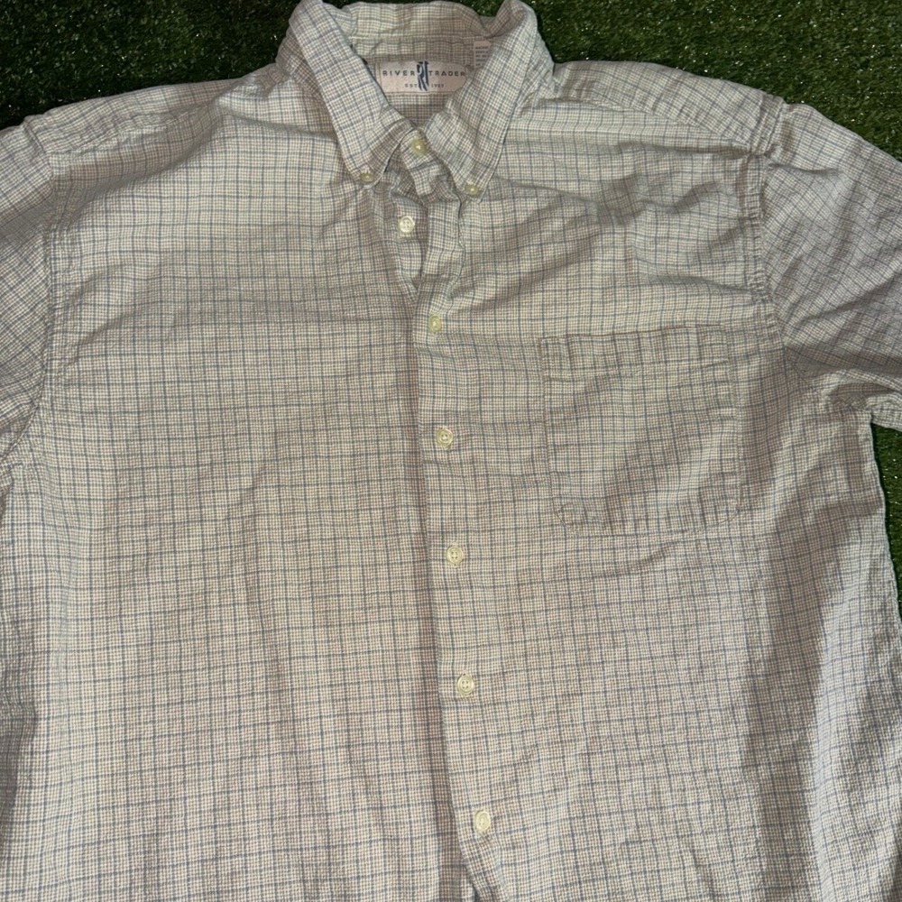 River Trader Mens XL Linen Blend Plaid Short Sleeve Button Down Shirt Beige Blue - Picture 2 of 5